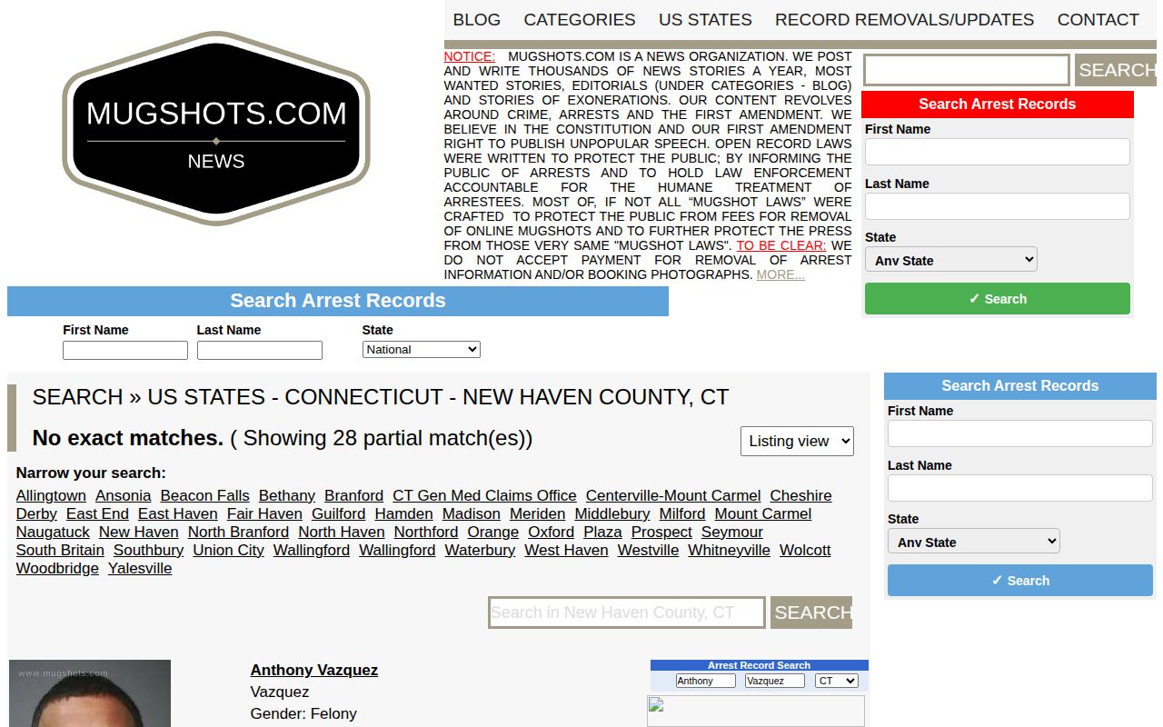 Unofficial Waterbury mugshot archive interface requiring official verification